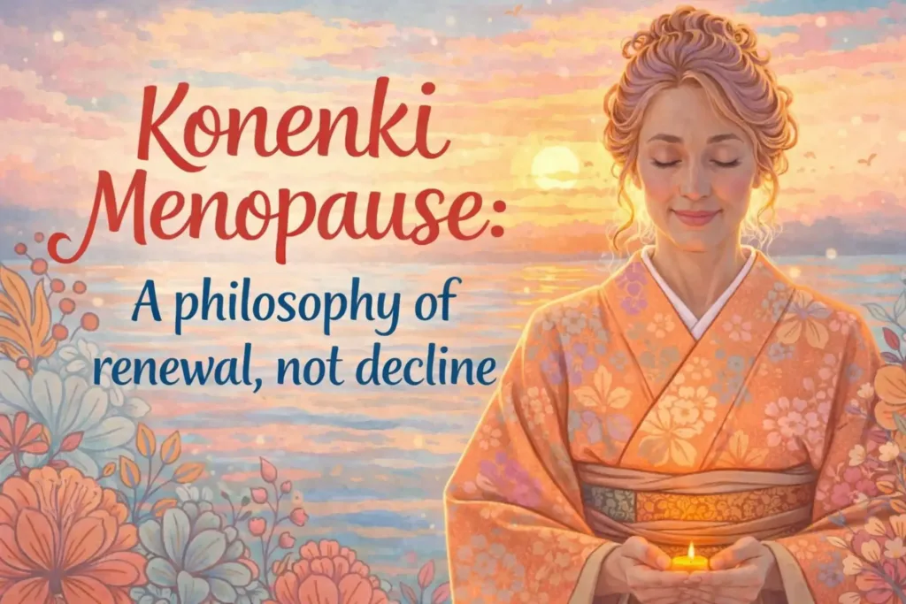 Illustration of a woman in a traditional kimono holding a candle at sunset, symbolising Konenki menopause and the idea of renewal, reflection, and transition rather than loss.