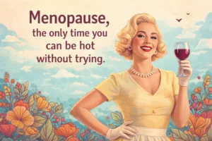 Retro-style illustration of a glamorous woman in sunglasses holding a glass of red wine, smiling under a warm sky with the caption: ‘Menopause: The only time you can be hot without trying.