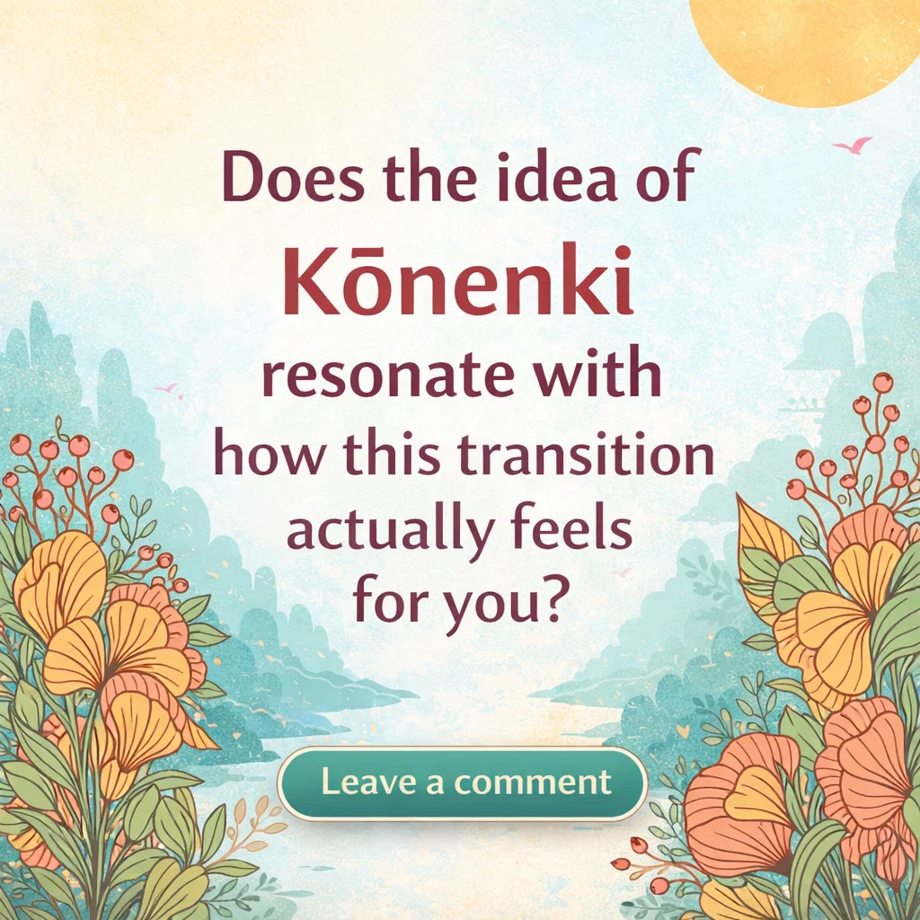 Illustrated floral background with the text ‘Does the idea of Konenki resonate with how this transition actually feels for you?’ inviting readers to reflect on menopause as a personal experience.